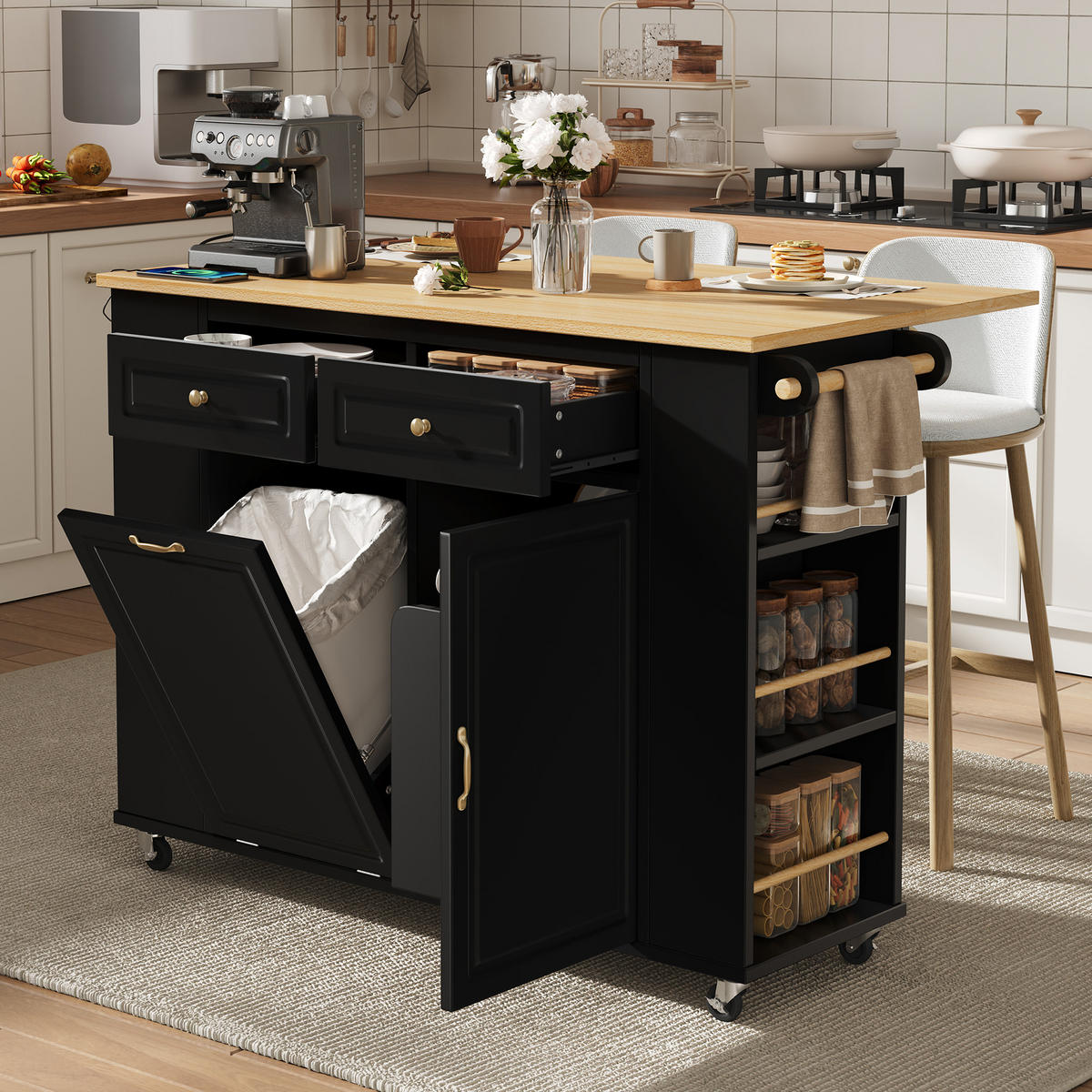 KÜCHENINSEL 120x70x91.5cm Schwarz mit Ausziehplatte & Rollen - Schwarz, Holzwerkstoff (120/91.5/70cm) - Modfu