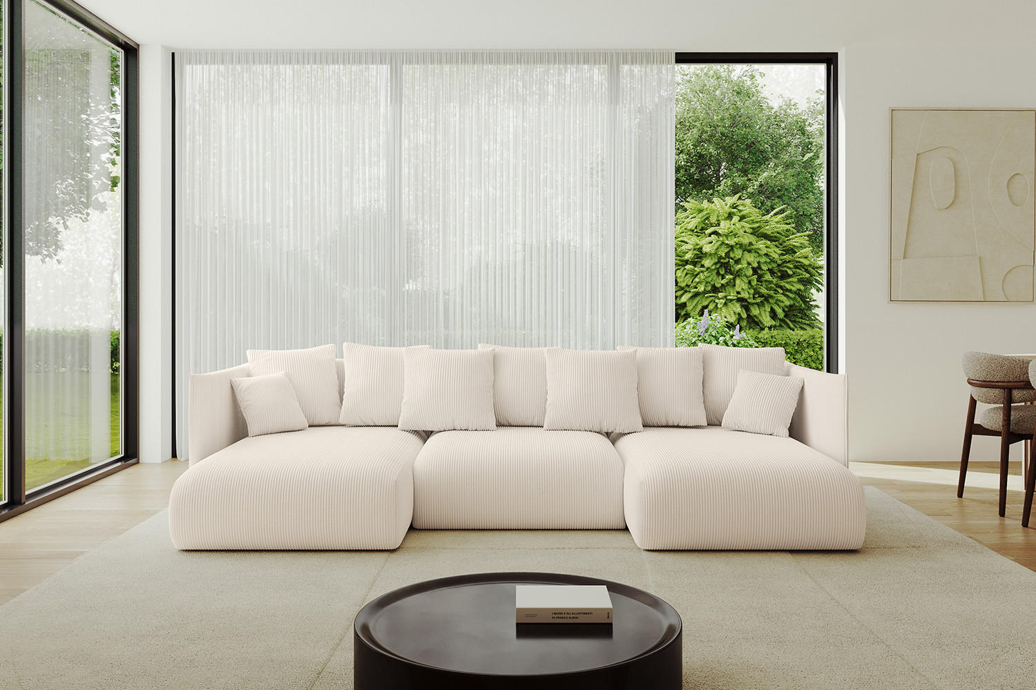 WOHNLANDSCHAFT mit Schlaffunktion und Bettkasten ONESK-U 304x165x40 Beige Cord - Beige, Holzwerkstoff/Kunststoff (304/90/165cm) - ALTDECOR