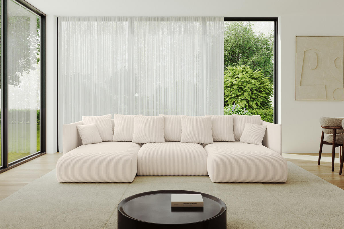 WOHNLANDSCHAFT mit Schlaffunktion und Bettkasten ONESK-U 304x165x40 Beige Cord - Beige, Holzwerkstoff/Kunststoff (304/90/165cm) - ALTDECOR