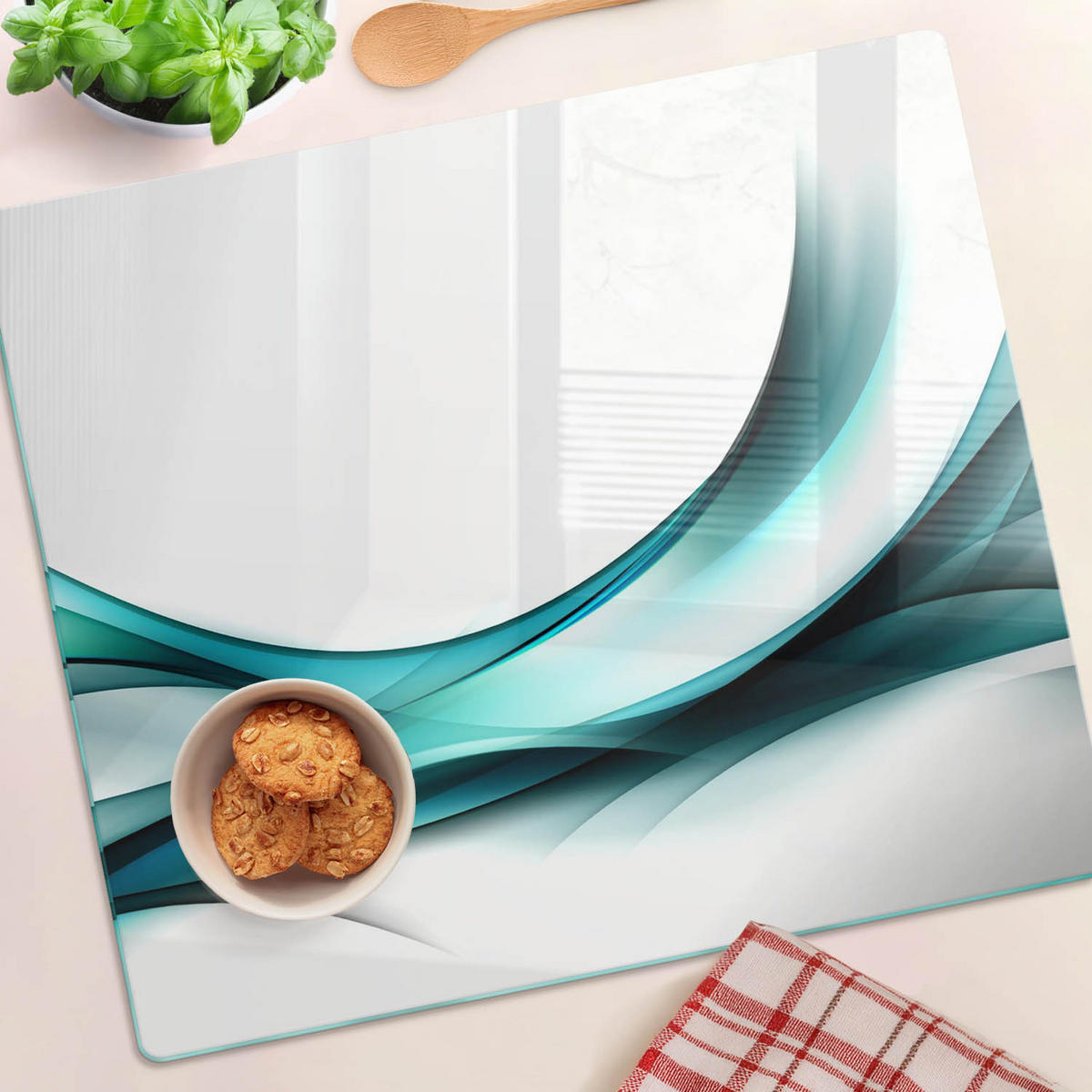 GLASPLATTE 60x52 cm Abstrakte Wellen - Blau, Glas (60/0.4/52cm) - TULUP