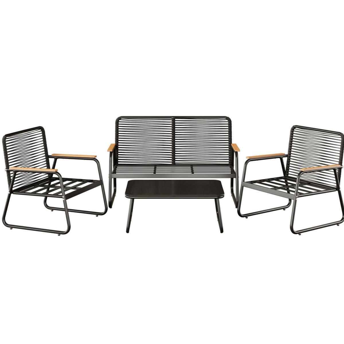 GARTEN-LOUNGE-SET mit Metallgestell & Glastisch, 118/65/78 cm + 2/ 63/65/78 cm, Schwarz - Schwarz, Metall - Redom