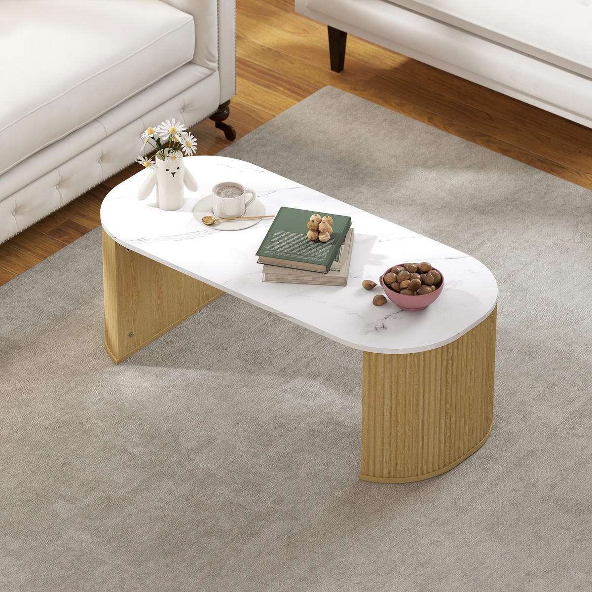 COUCHTISCH DE-15797 oval mit Marmoroptik Weiß - Naturfarben, Holzwerkstoff (110/50/40cm) - ComfortXL