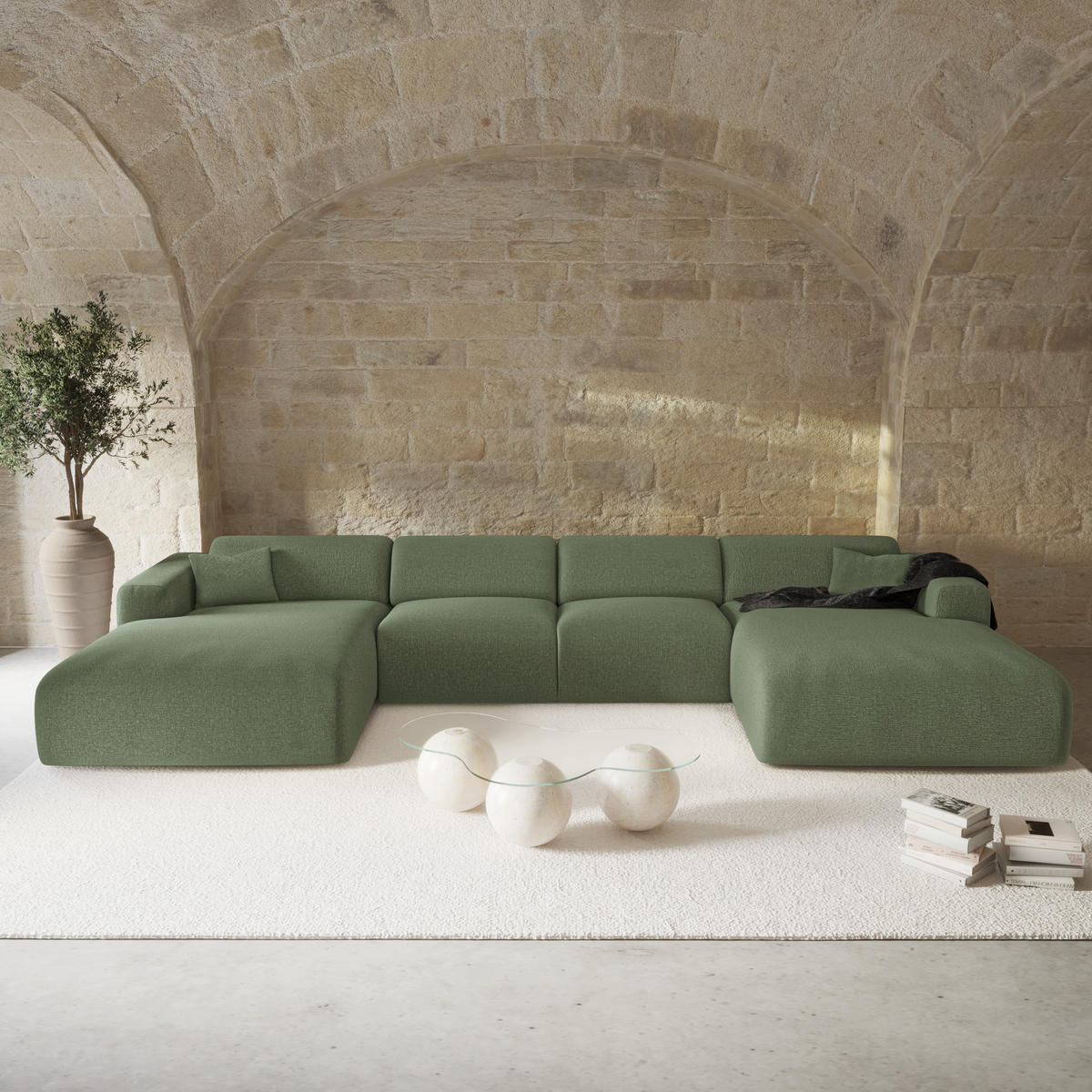 WOHNLANDSCHAFT Rastergewebe Olivgrün 356cm - Olivgrün/Grün, Textil (356/73/166cm) - Sia Home