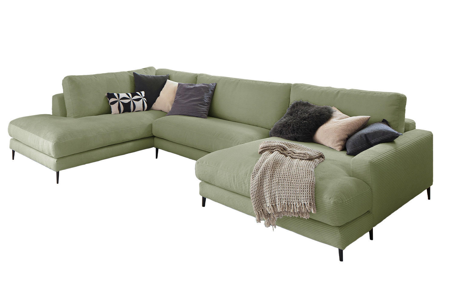 WOHNLANDSCHAFT CARA Grün Cord - Schwarz/Grün, Textil (341/84/223cm) - KAWOLA