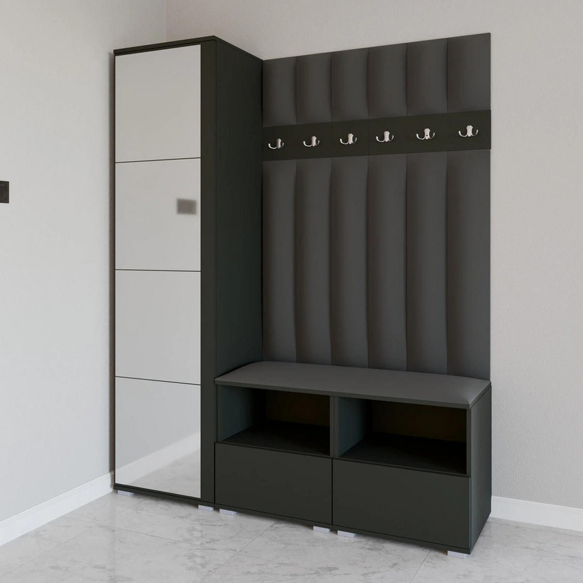 GEPOLSTERT Garderoben-Set Nela II LUX (Spiegel – Farbe Graphit + Stoff Trinity 15) - Dunkelgrau/Silberfarben, Holz/Holzwerkstoff (150/187/40cm) - Ravio