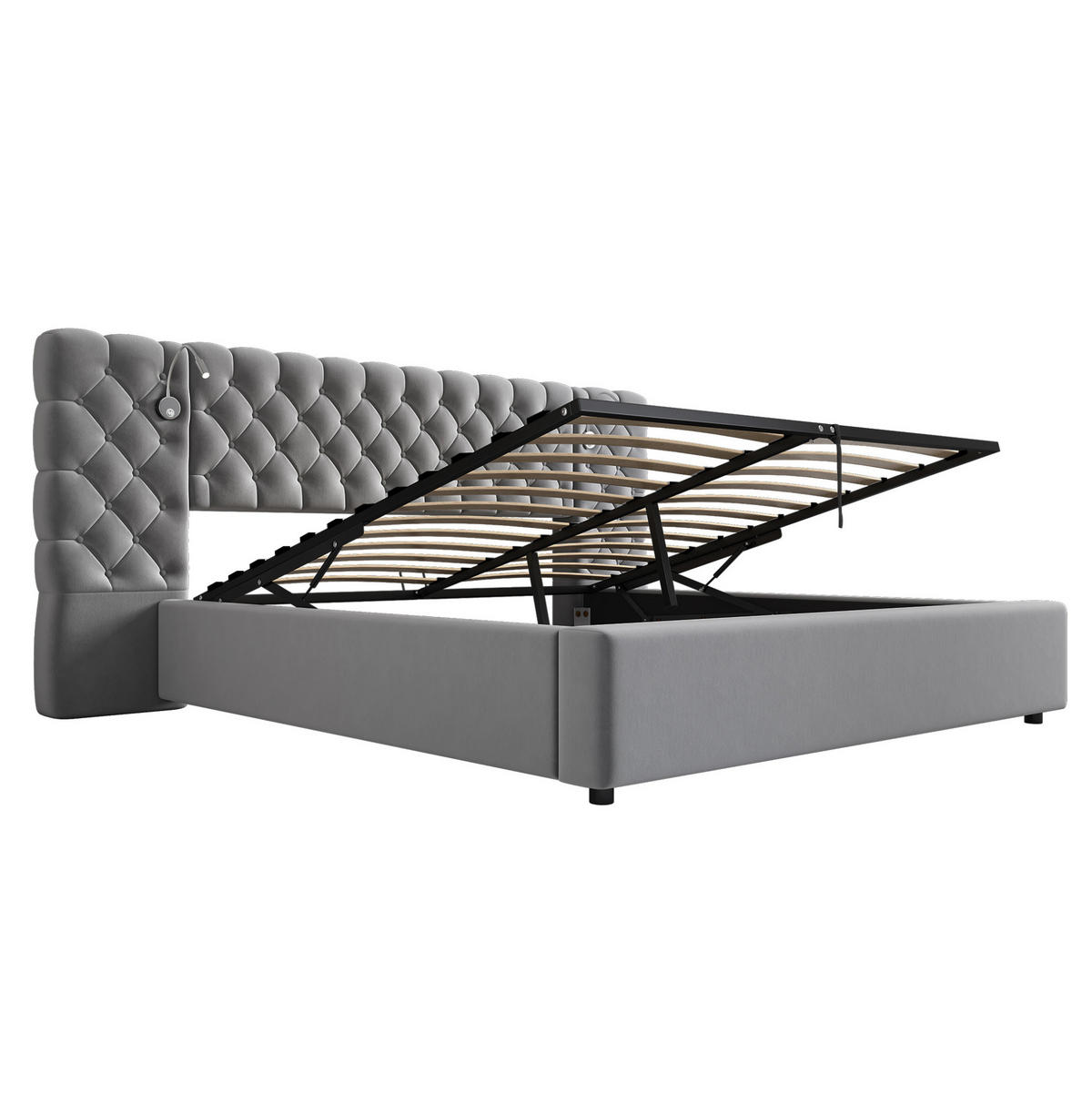 POLSTERBETT 160/200 cm Grau aus Samt mit Stauraum und Leselicht - Grau, Textil (160/200cm) - OKMYHOME