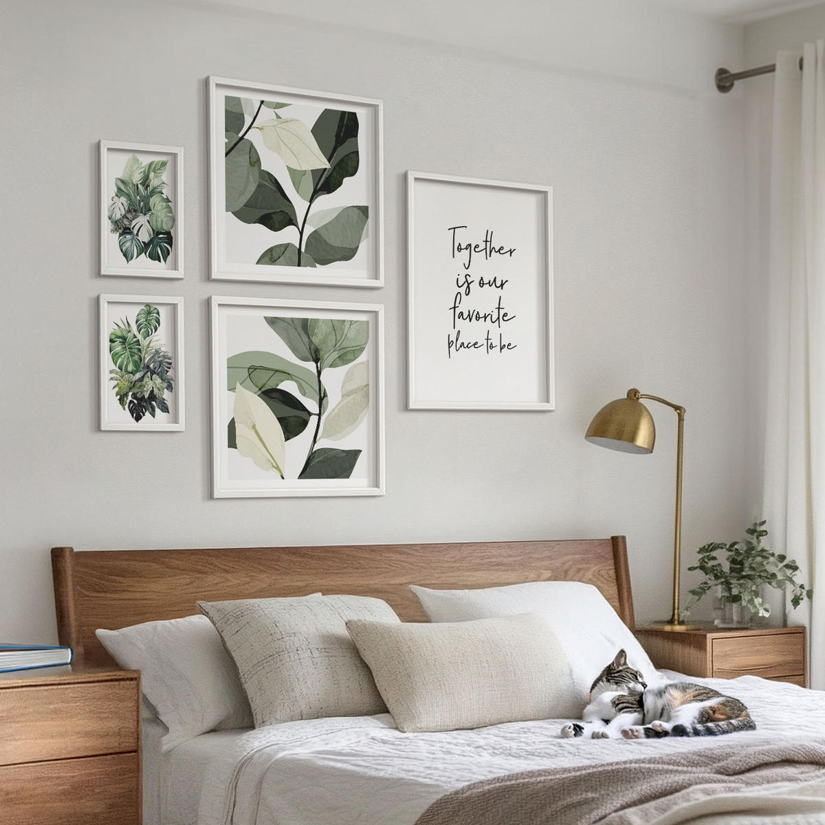 BILDER SET 5er Set - 50x50 cm & 20x30 cm & 40x60 cm Weißer Rahmen - Dekoration aus grünen tropischen Blättern - Weiß, Kunststoff (40/60cm) - TULUP