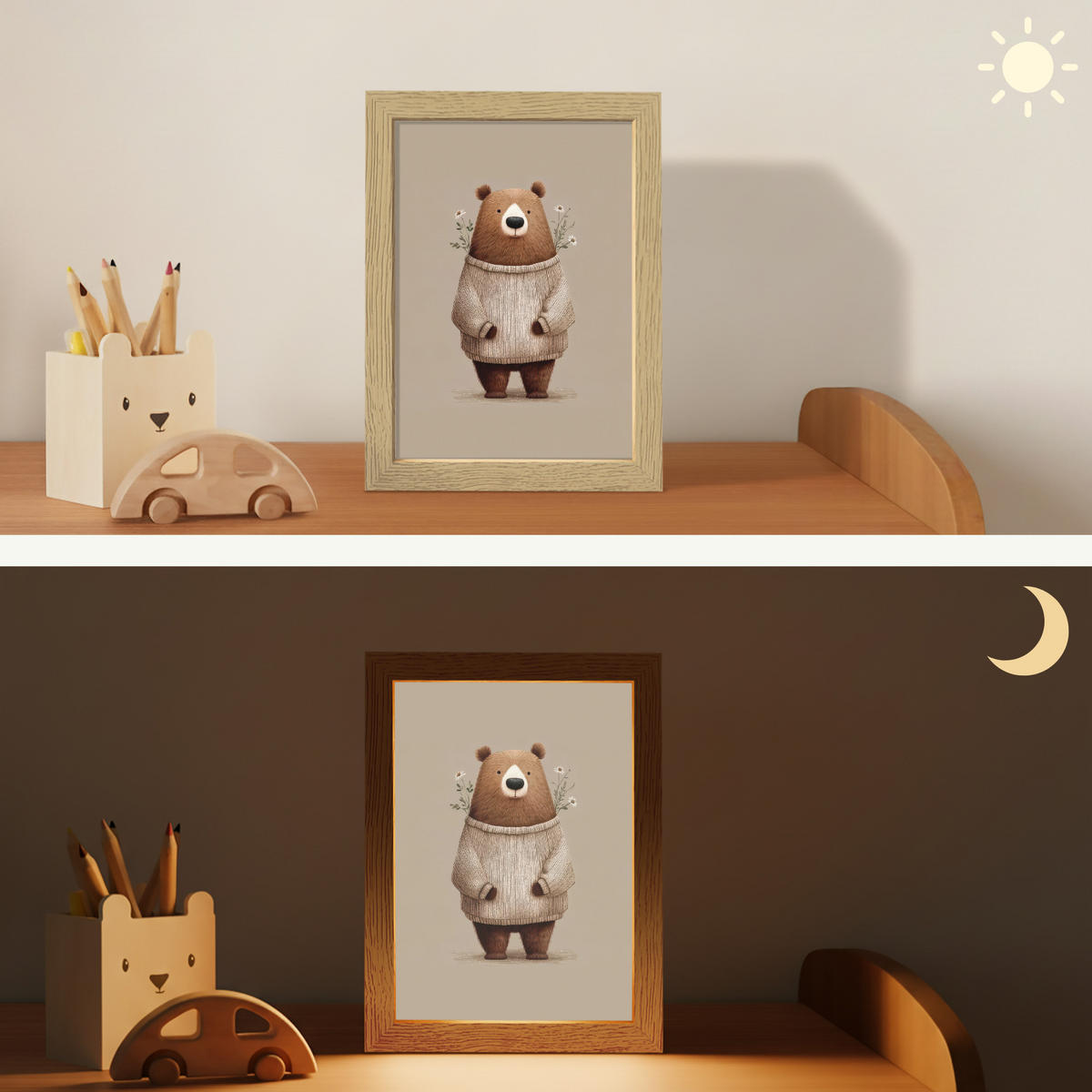 NACHTTISCHLAMPE Bär - Weiße Blumen - Gemütlich 15x20 cm - Taupe, Holzwerkstoff (8/15/20cm)