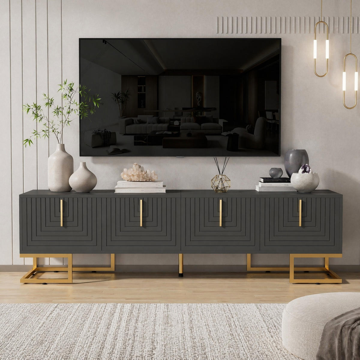 TV STOLEK šedý a zlatý, strukturovaná dvířka, do obývacího pokoje, 170×40×45,5 cm - šedá/zlatá, kov/kompozitní dřevo (170/45.5/40cm) - STILVORA