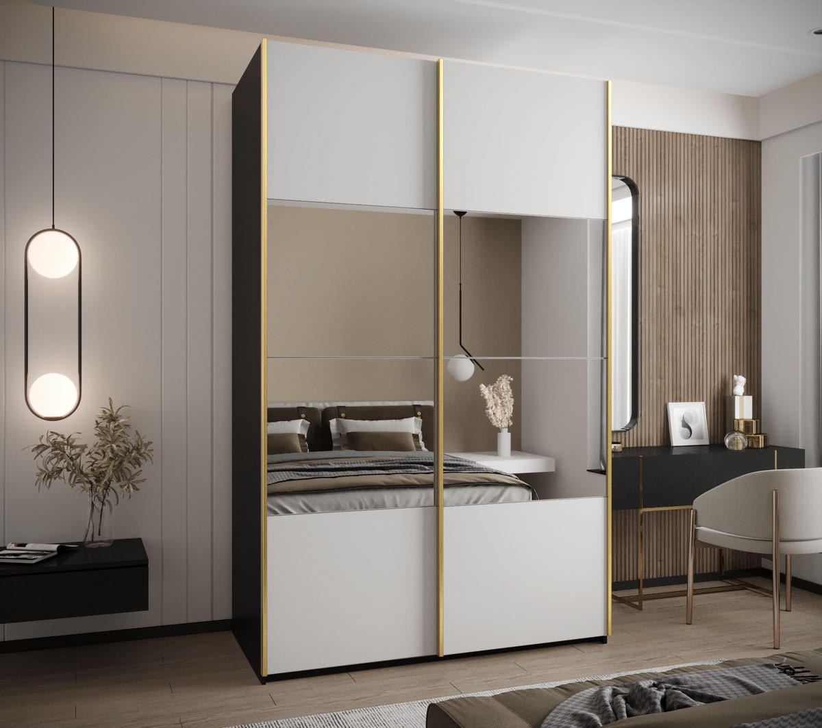SCHWEBETÜRENSCHRANK 245,5/160/64 2-türig - Goldfarben/Schwarz, Holz/Metall (160/245/64cm) - Abiks Möbel