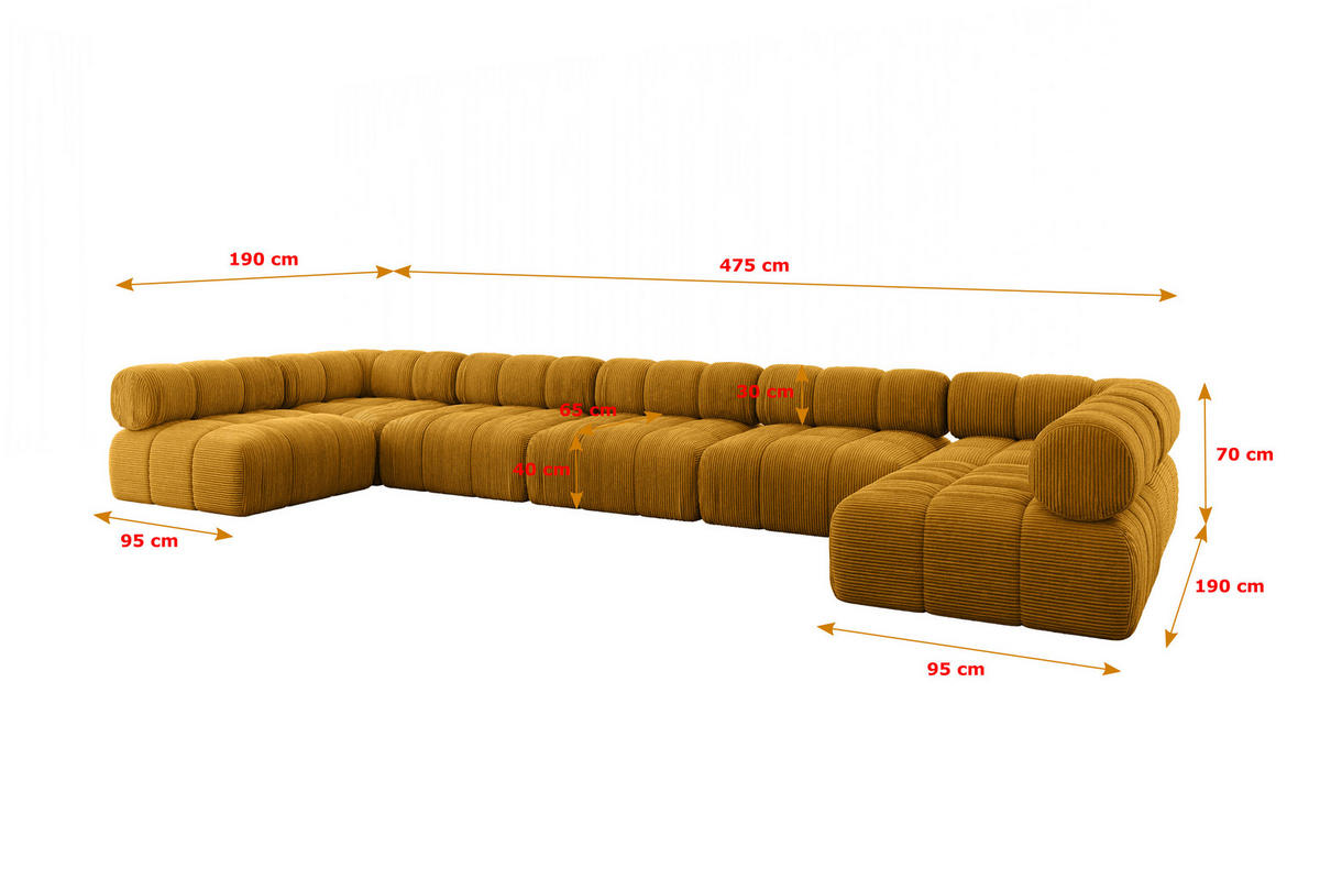 WOHNLANDSCHAFT modulares Sofa Garvo-U3 - 475x190x70 cm Senfgelb Cord - Currygelb, Holzwerkstoff/Textil (475/70/190cm) - ALTDECOR