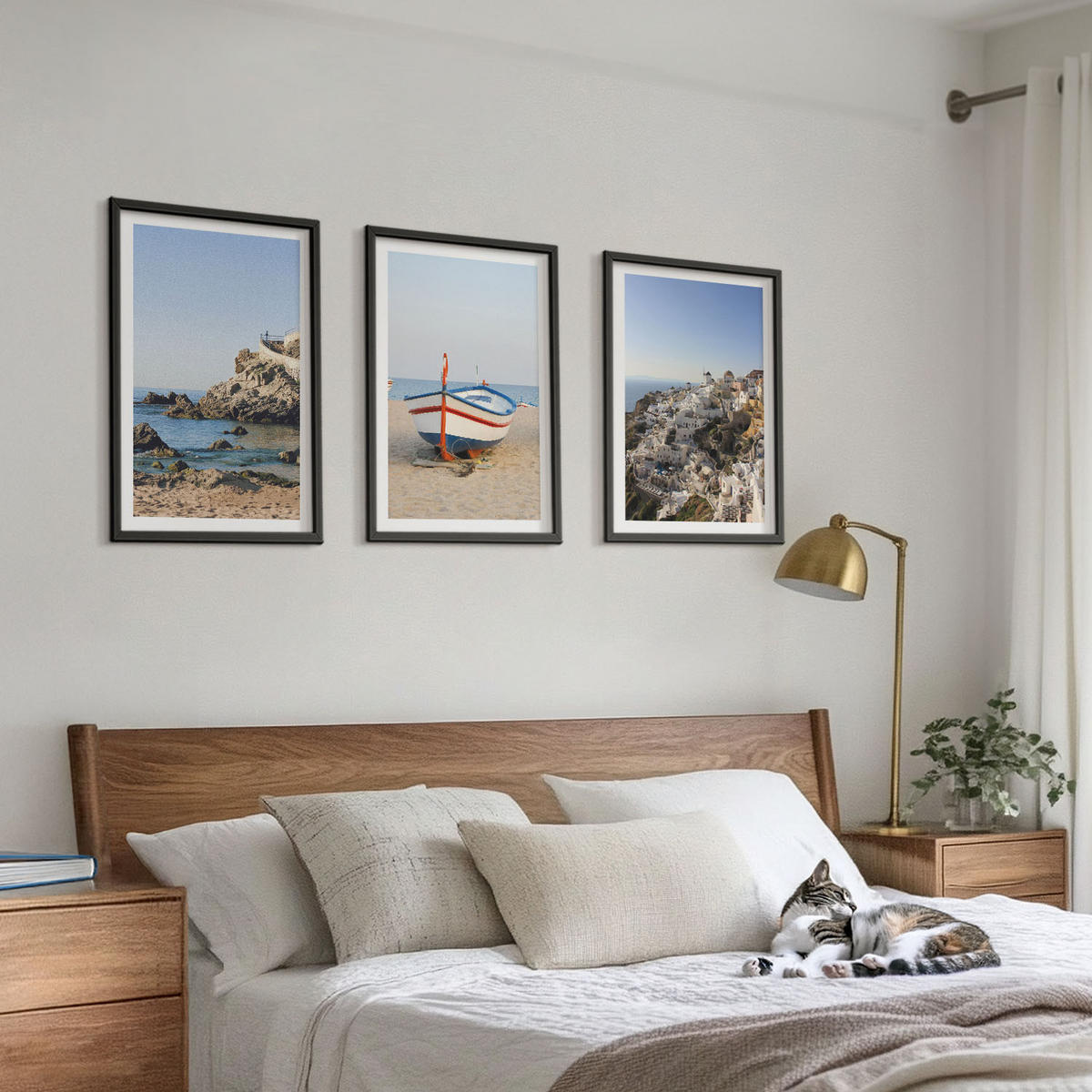 WANDBILDER 3er-Set - 40x60 cm Schwarzer Rahmen - Ansichten von Griechenland mit einem Boot und Häusern - Schwarz, Kunststoff (40/60cm) - ArtPrintCave