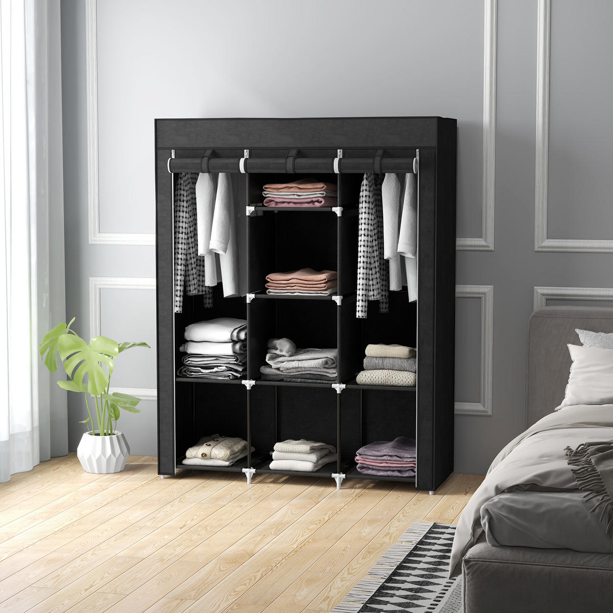 STOFFSCHRANK, Faltschrank, Kleiderschrank mit Kleiderstange, 8 Ebenen Schwarz - Schwarz, Metall (43/162.5/125cm) - HOMCOM