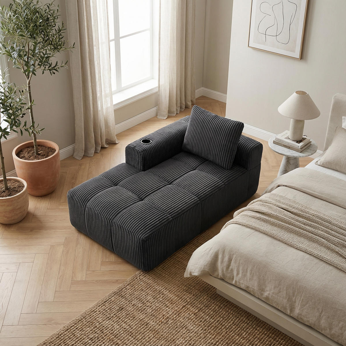 CHAISELONGUE in Cord (158 cm) mit Getränkehalter & Seitentaschen - Dunkelgrau, Textil (158/61/93cm) - Urban Meuble