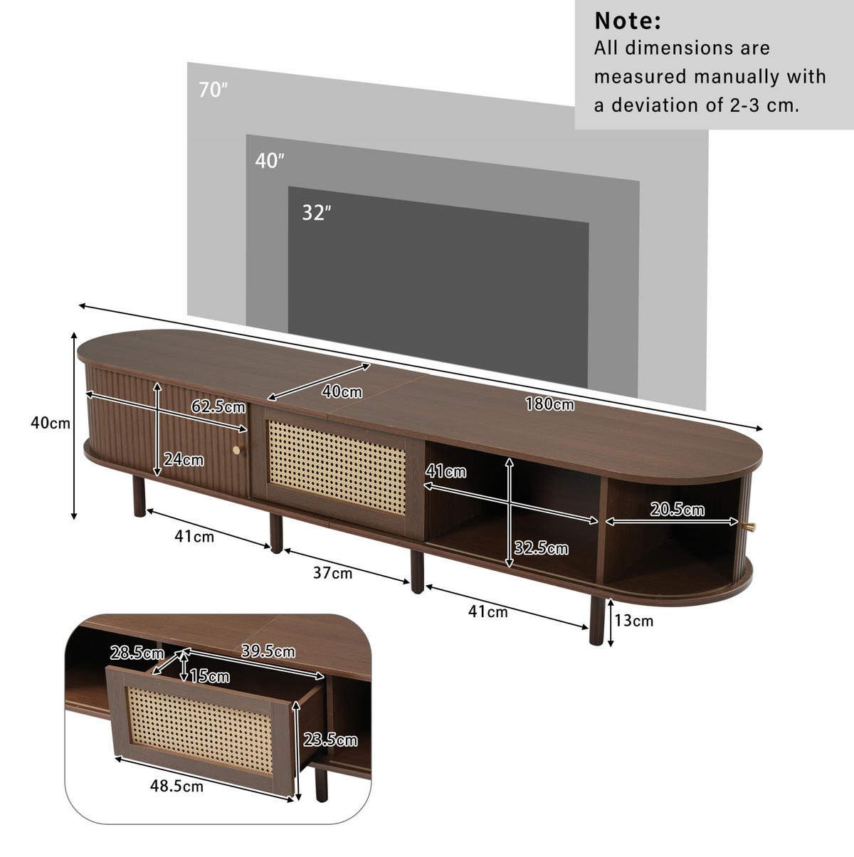 TV-ELEMENT mit Schublade und 2 Schiebetüren 180 x 40 cm MDF dunkle Walnussfarbe - Braun, Holzwerkstoff (40/40/180cm) - Beauniv