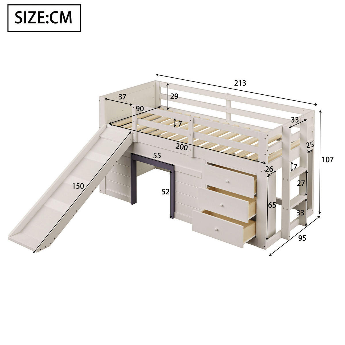 HOCHBETT 90/200 cm mit Rutsche, 3 Schubladen und 2 Türen aus Holzwerkstoff und MDF, Creme - Weiß, Holzwerkstoff (90/200cm) - Redom