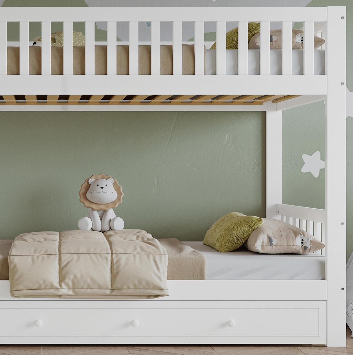 ETAGENBETT aus Kiefer und MDF 90x200 cm Weiß/Natur mit gerader Leiter und vierseitigem Geländer - Weiß, Holzwerkstoff (90/200cm) - Modfu