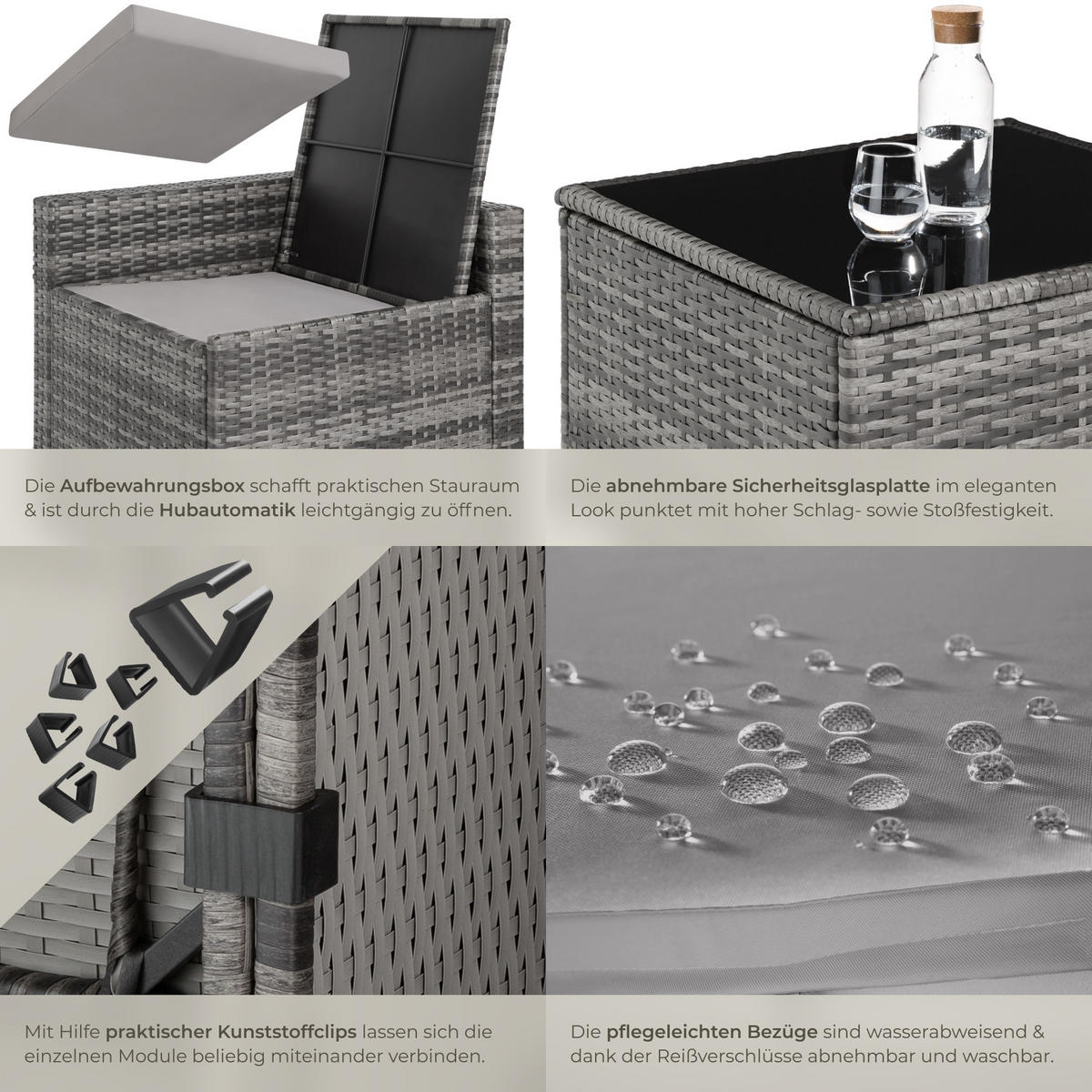 RATTANLOUNGE Verona, mit Sicherheitsglasplatte, grau - Grau, Kunststoff - tectake