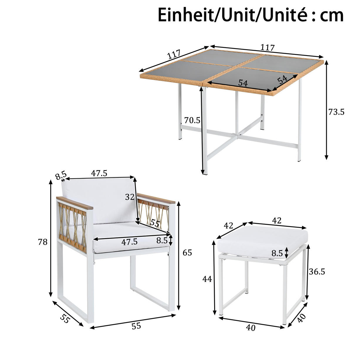 GARTENSETS aus Metall & Rattan 117x117x73,5 cm in Weiß - Weiß, Metall - Modfu
