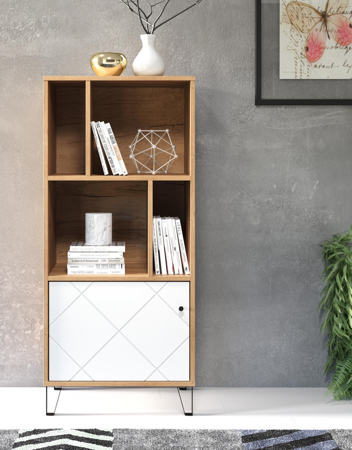 REGALSCHRANK weiß matt, Eiche Artisan 63 x 136 cm, Bücherregal mit Rautenoptik - Eichefarben/Schwarz, Holzwerkstoff/Kunststoff (63/136/40cm) - Top.Furn