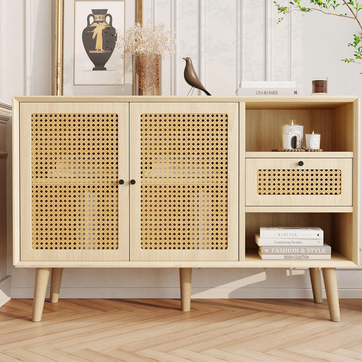 SIDEBOARD 120/40/80 cm mit 2 Türen, Schublade & Rattan-Optik in Eiche - Eichefarben, Holzwerkstoff (120/80/40cm) - BEAOK