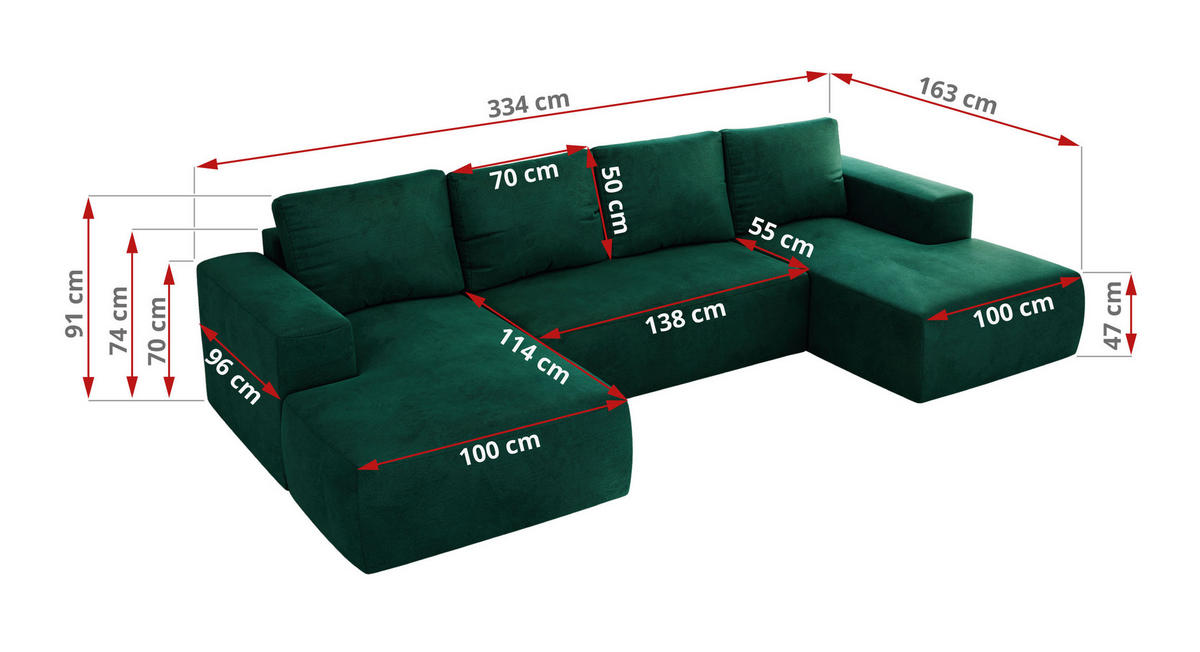 WOHNLANDSCHAFT TRENTINO U Dunkelgrün Velvet - Dunkelgrün, Textil (334/91/163cm) - MKS