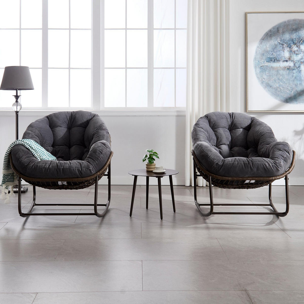 SCHAUKELSTUHL Schaukelsessel,Rattanstuhl mit Stahlrahmen,Dunekelgrau-Cord - Dunkelgrau, Metall (94.5/80/111cm) - LVHOM