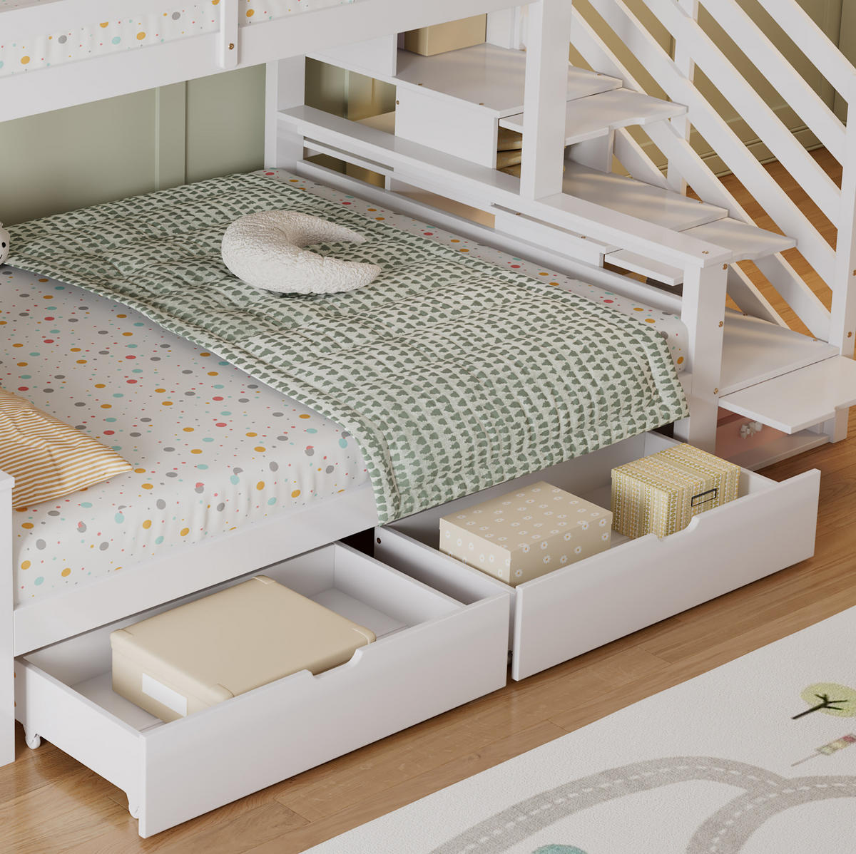 ETAGENBETT Kinderbett mit Treppenschrank, 2 Schubladen, Weiß, 90/200 cm & 140/200 cm - Weiß, Holz (140/200cm) - MIVRAY