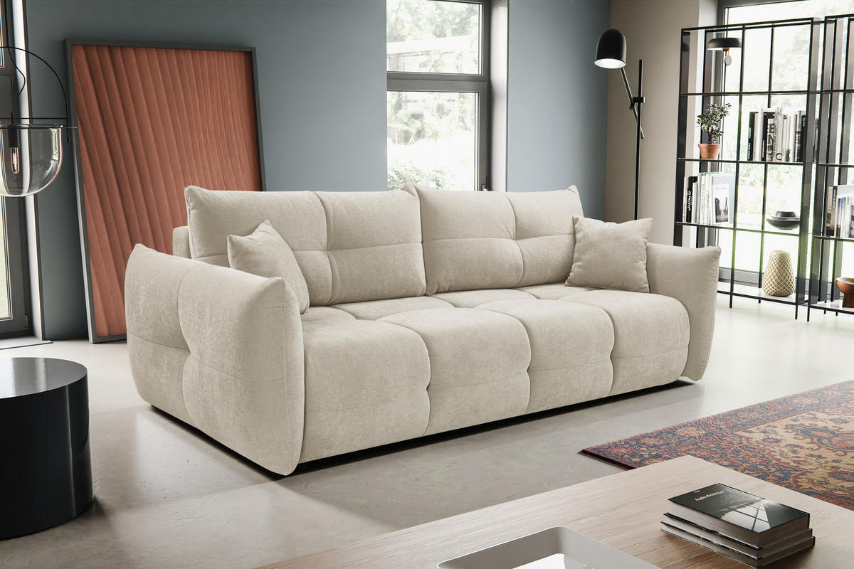 BETTSOFA MODA Beige Chenille-Stoff mit Schlaffunktion - Beige, Holz (245/86/110cm) - MASSENO
