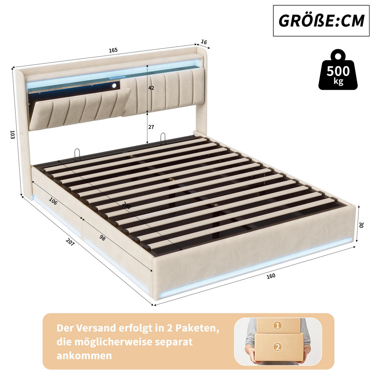 STAURAUMBETT 160/200 cm, mit LED-Beleuchtung, Kopfteil mit Stauraum, Lattenrost aus Holz, Metallrahmen, gepolstertes Veloursbett, Beige - Beige, Textil (160/200cm) - Waldena