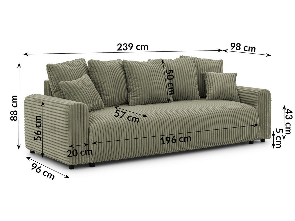 SCHLAFSOFA Calma mit Bettkasten im Bumpy-Design aus weichem Olive Plüschcord - Schwarz/Olivgrün, Holz/Kunststoff (239/88/98cm) - S-Style