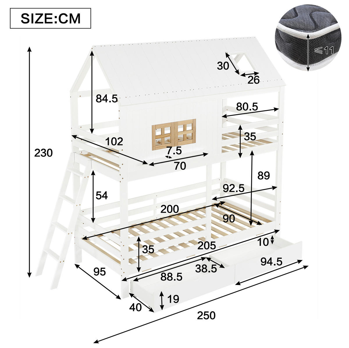 HAUSBETT 90/200 cm in Weiß/Natur mit Dach, Fenstern und 2 Schubladen - Weiß, Holz (90/200cm) - BEAOK