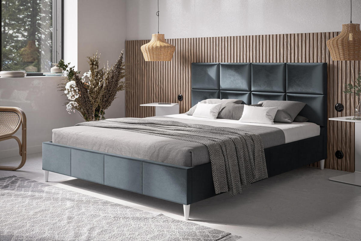 POLSTERBETT LUX Roma mit Kopfteil, 160 x 200 cm, Doppelbett mit Lattenrost aus Holz, Velourstoff Dunkelgrau, Füße in Farbe: Weiß - Dunkelgrau, Holz/Textil (160/200cm) - Alpi-Möbel