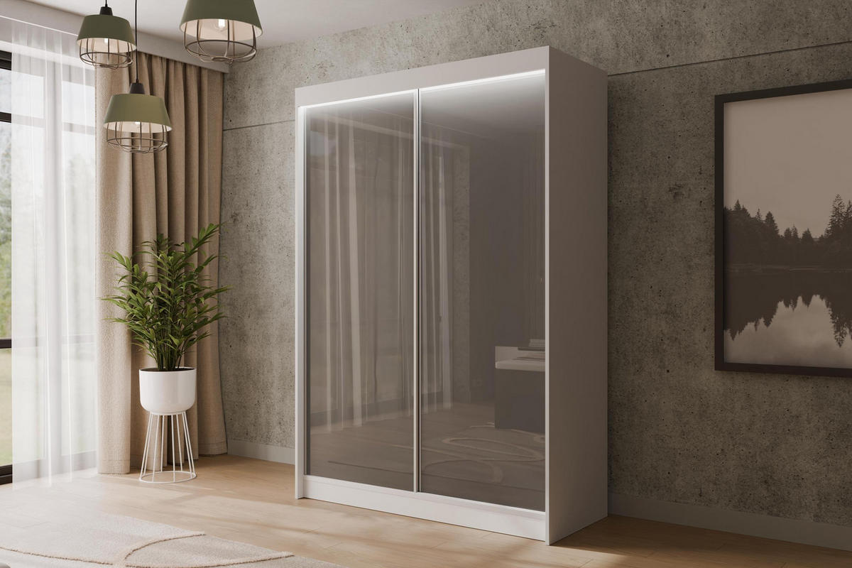 KLEIDERSCHRANK PEKA mit LED - 150 cm - Weiß|Grau - Weiß/Grau, Holzwerkstoff (150/215/61cm) - ALTDECOR