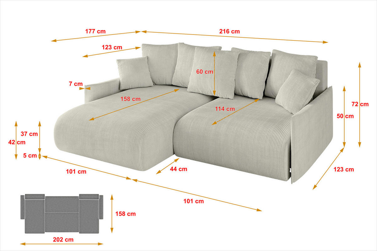 ECKSOFA Ottomane links ONESK-L -v1 216x177x72 Hellgrau Cord - Ecru, Holzwerkstoff/Kunststoff (216/177cm) - ALTDECOR