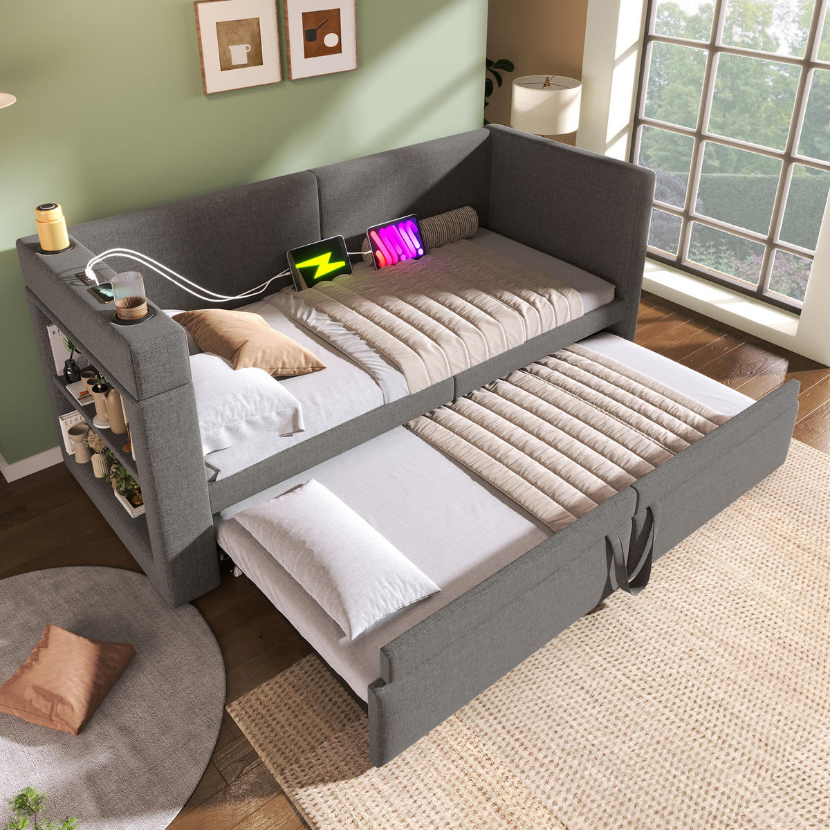 POLSTERBETT 90/200 cm mit Ausziehbett, USB- und Type-C-Anschluss, Getränkehaltern und Ablagen, Baumwoll-Leinen-Bezug, Grau - Grau, Textil (90/200cm) - Redom