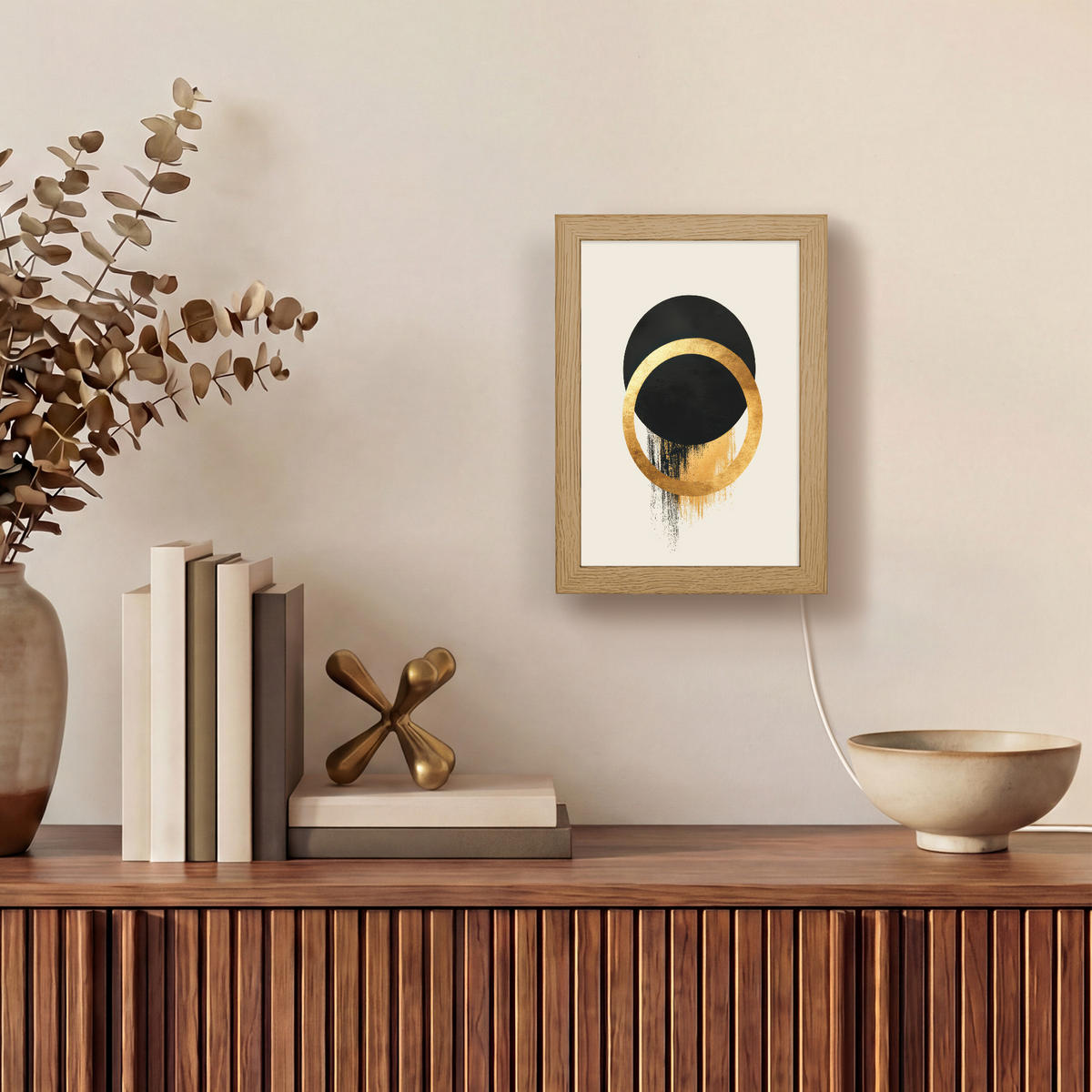 NÁSTĚNNÁ LAMPA Abstraktní design - Černý kruh - Skvrny od barvy 15x20 cm - krémová, kompozitní dřevo (15/20/8cm) - OnlyWow