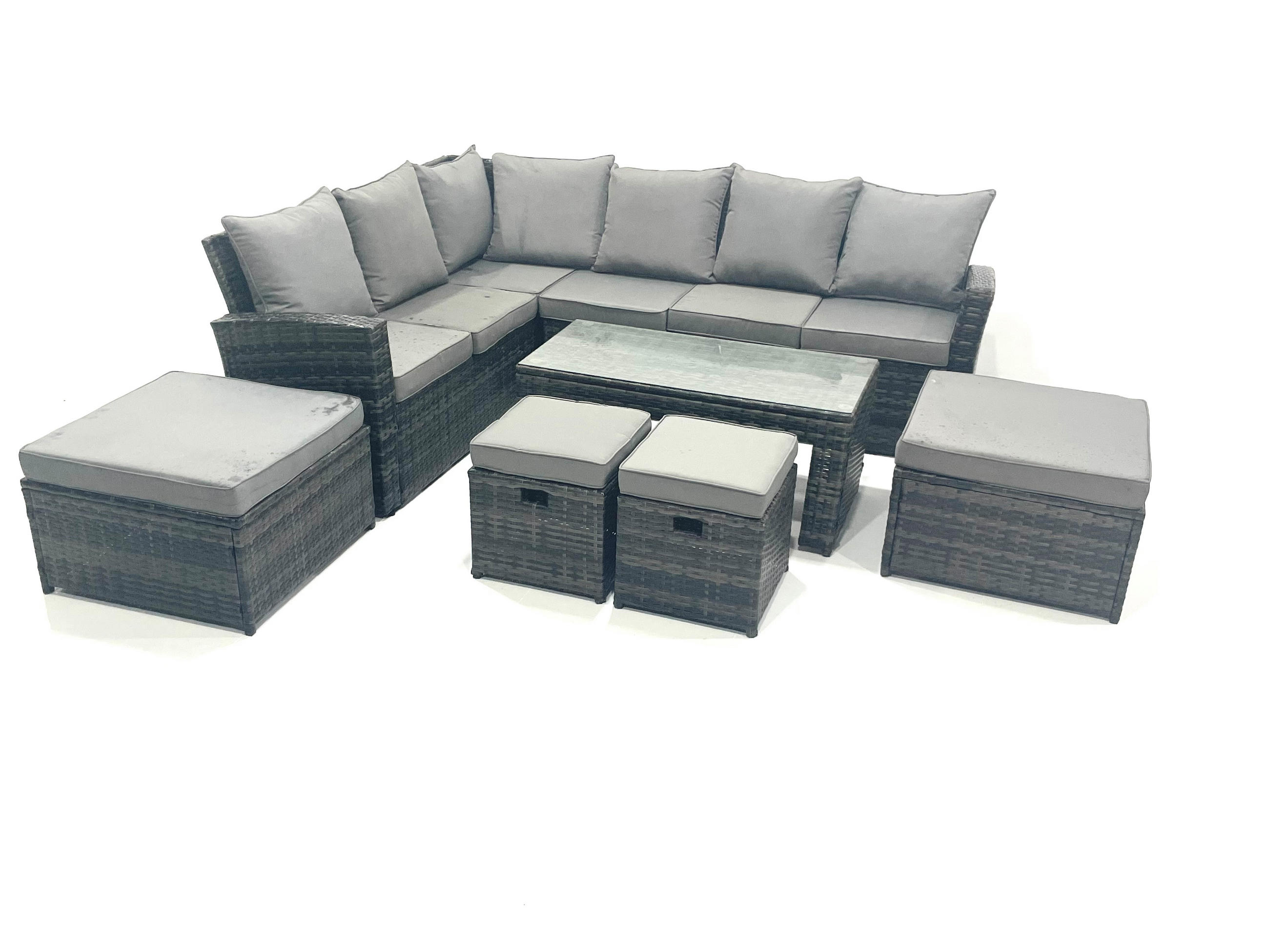 BALKONMÖBEL-SETS mit Ecksofa,Länglicher Couchtisch,4 Hocker Polyrattan Dunkelgrau 10-Sitzer - Dunkelgrau/Grau, Glas/Kunststoff - Fimous