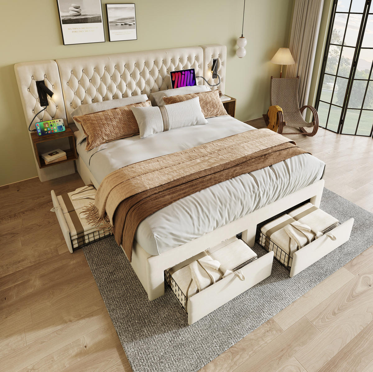POLSTERBETT 160/200 cm Beige mit Nachttischen und USB-Ladefunktion Ohne Matratze - Beige, Textil (160/200cm) - OKWISH