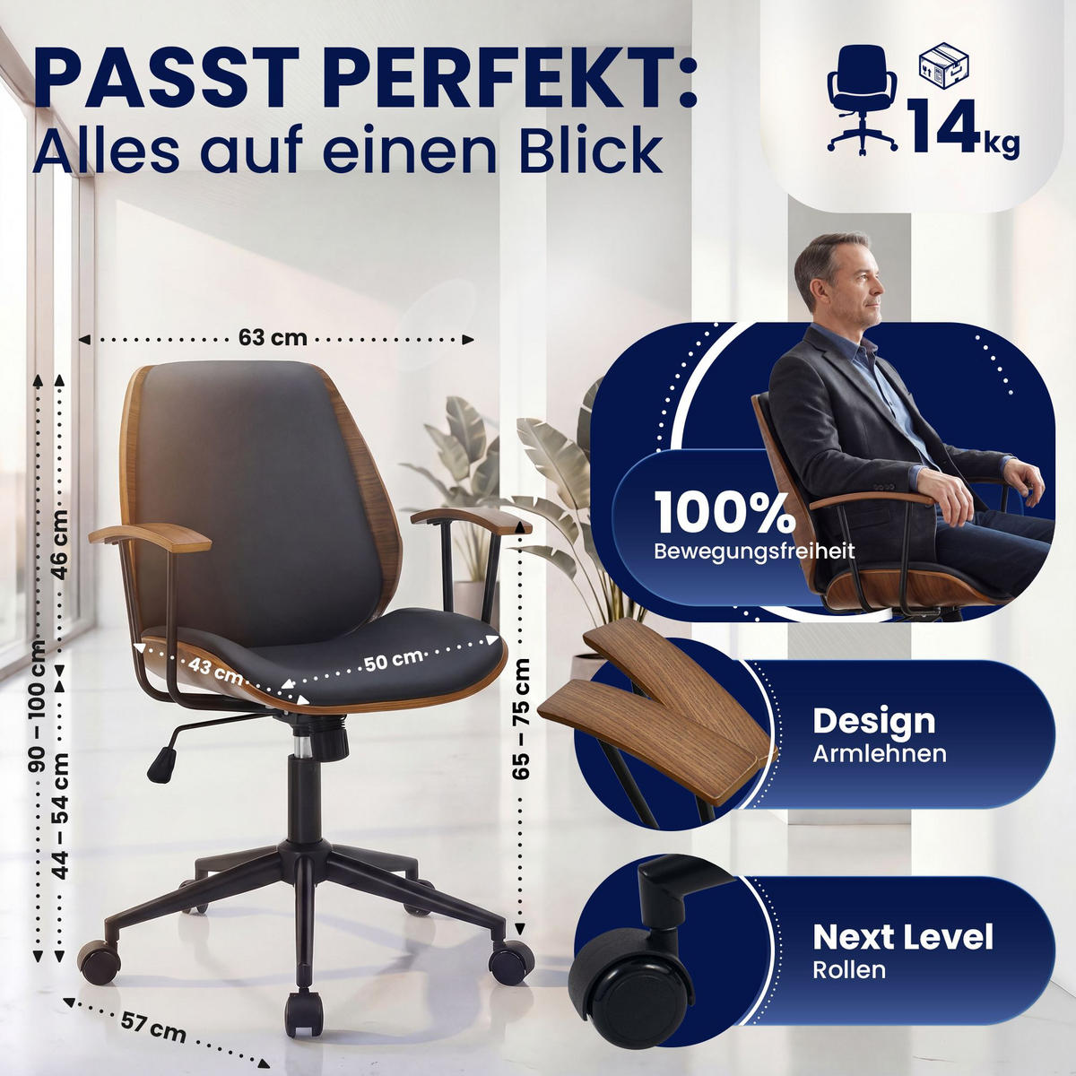 DREHSTUHL Lederlook Walnuss/Schwarz - Walnussfarben/Schwarz, Textil/Metall (63/90/57cm) - CLP