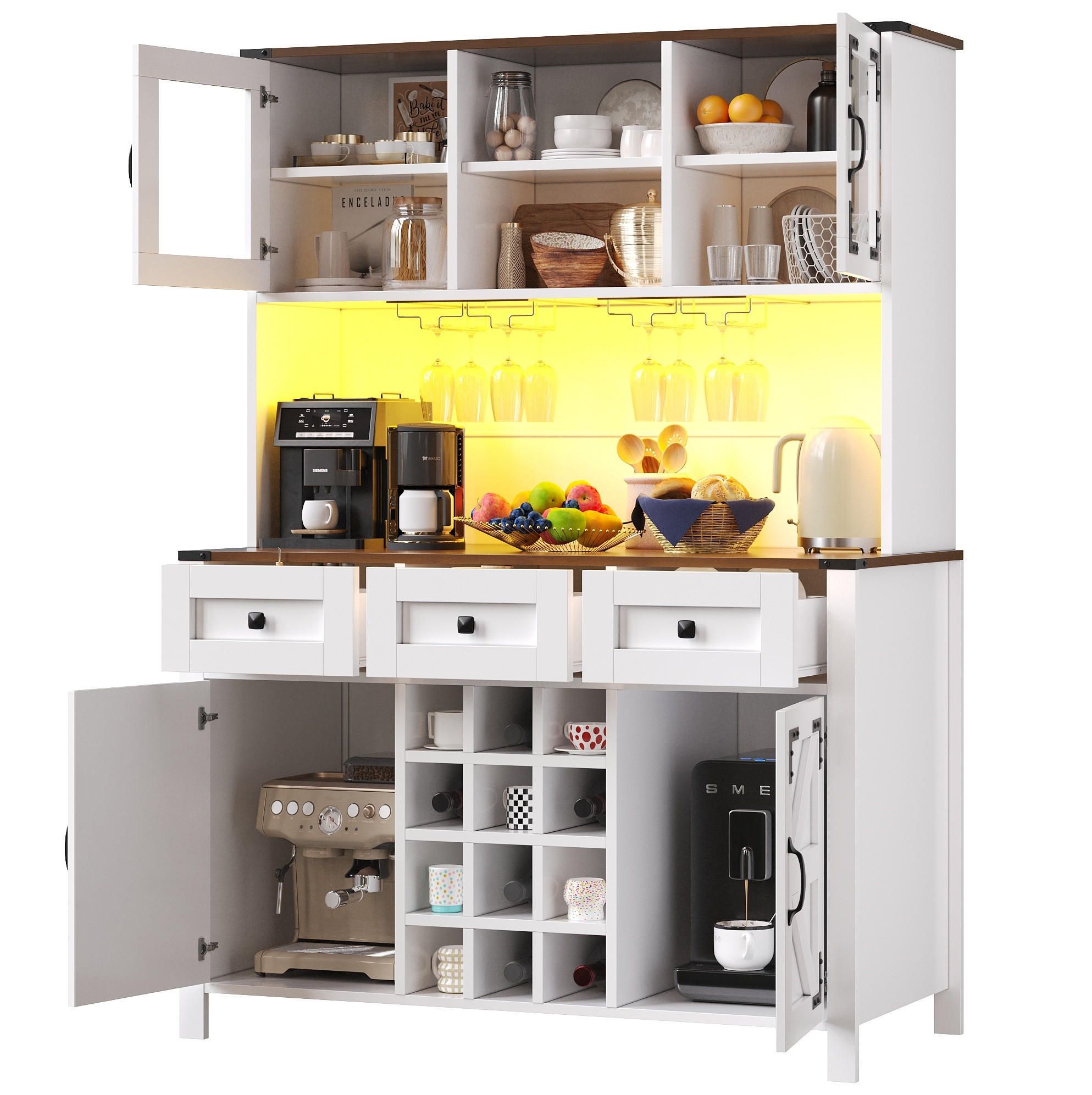 SKŘÍŇ na nádobí 120×40×170 cm bílá, MDF se sklem a LED osvětlením - bílá, kompozitní dřevo (120/170/40cm) - BEAOK