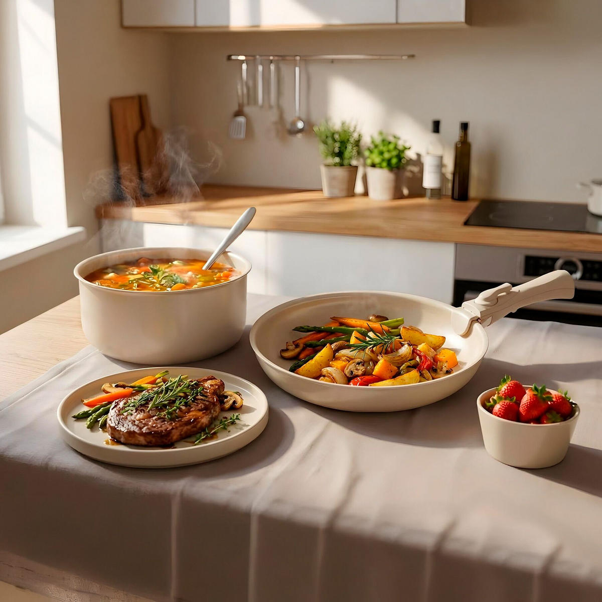 KÜCHENSTARTERSET 40er Set Una/Genua, inklusive Küchenwerkzeugen, Topfschonern und anklemmbaren Griffen, taupe/weiß - Taupe, Keramik (27.5/13/44cm) - tectake