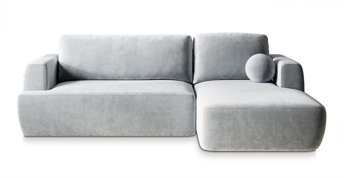 ECKSOFA SENTI K R-S Hellgrau Plüsch-Stoff mit Schlaffunktion - Hellgrau, Holz (246/148cm) - MASSENO