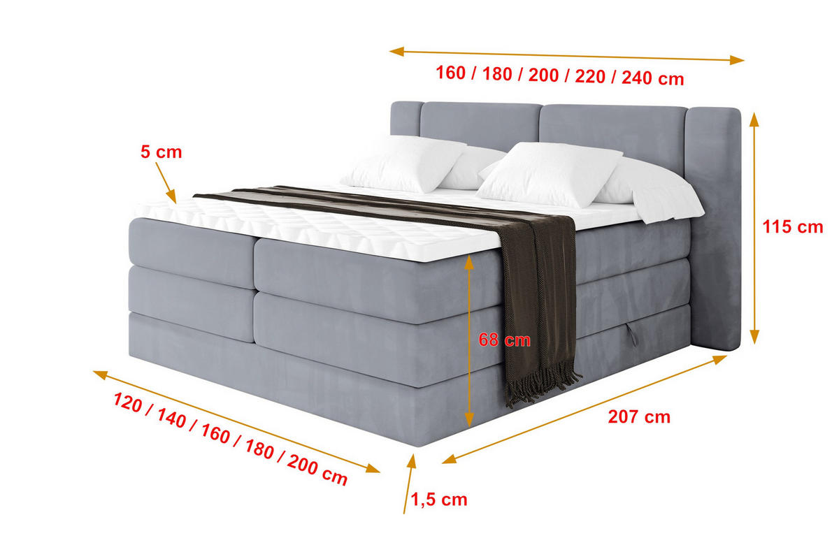 BOXSPRINGBETT mit Matratze H3/H4 - EVON KING - 140x200 cm Grau - Grau, Holzwerkstoff (140/200cm) - ALTDECOR