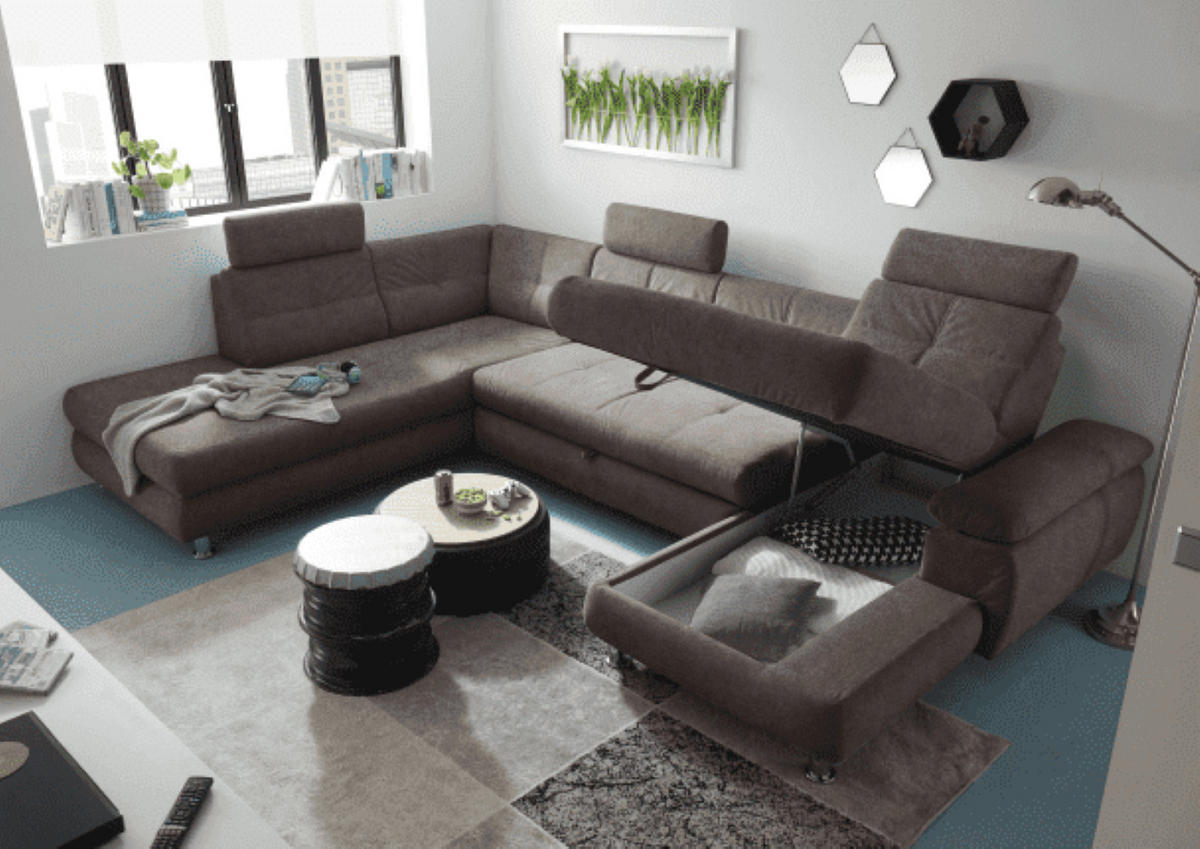 WOHNLANDSCHAFT mit Schlaffunktion, Bettkasten und verstellbaren Arm- und Kopflehnen - Chromfarben/Braun, Textil/Metall (349/88/233cm) - ed exciting design