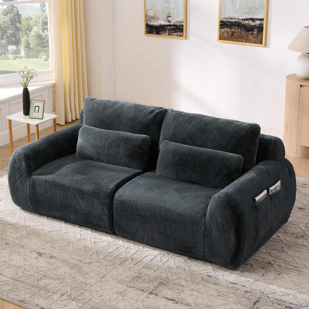 2-SITZER SOFA Kaninchenstil-Kunstfell Grau mit USB und Magazintasche - Grau, Textil (208/81/101cm) - WISHDOR