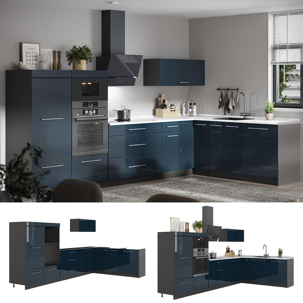 KUHINJA U OBLIKU SLOVA L Fame-Line, Tamnomodra Sjajna/Antracit, 347 x 207 cm, RP Mramor - tamno plava/antracit, drvni materijal (347/153.6/60cm) - Vicco