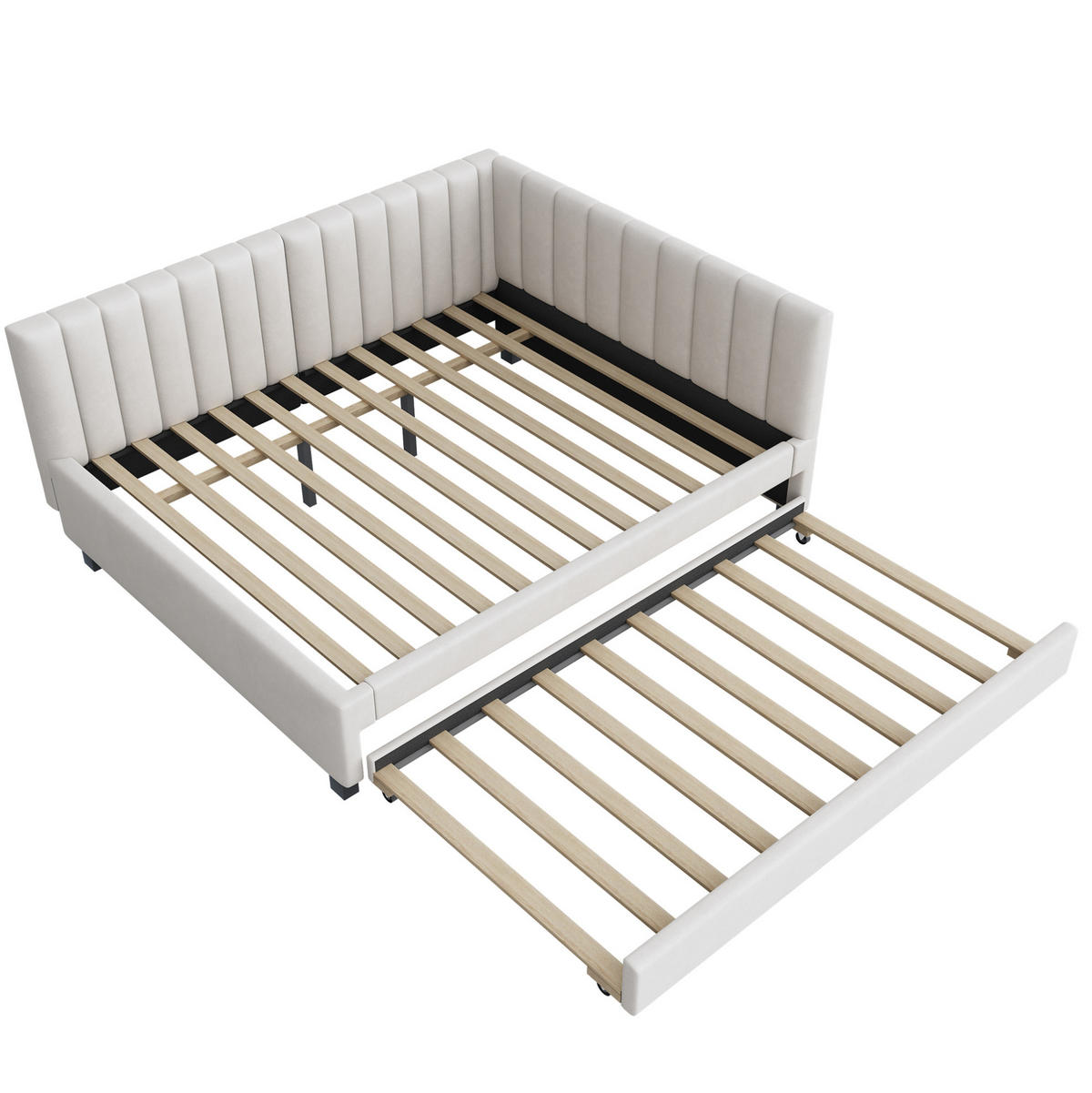 SAMT-POLSTERBETT 140/200 cm mit Ausziehbett und gepolstertem Kopfteil - Beige, Leder (140/200cm) - BEAOK