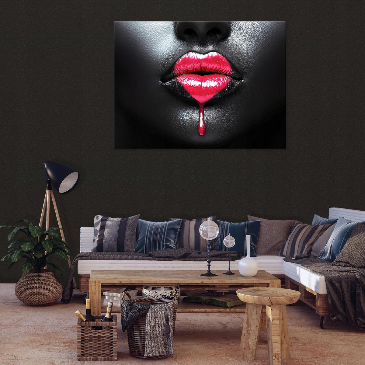 BILDER Frau Lippen Schwarz Modern 120x80 - Multicolor, Holzwerkstoff (120/80cm) - Wallarena