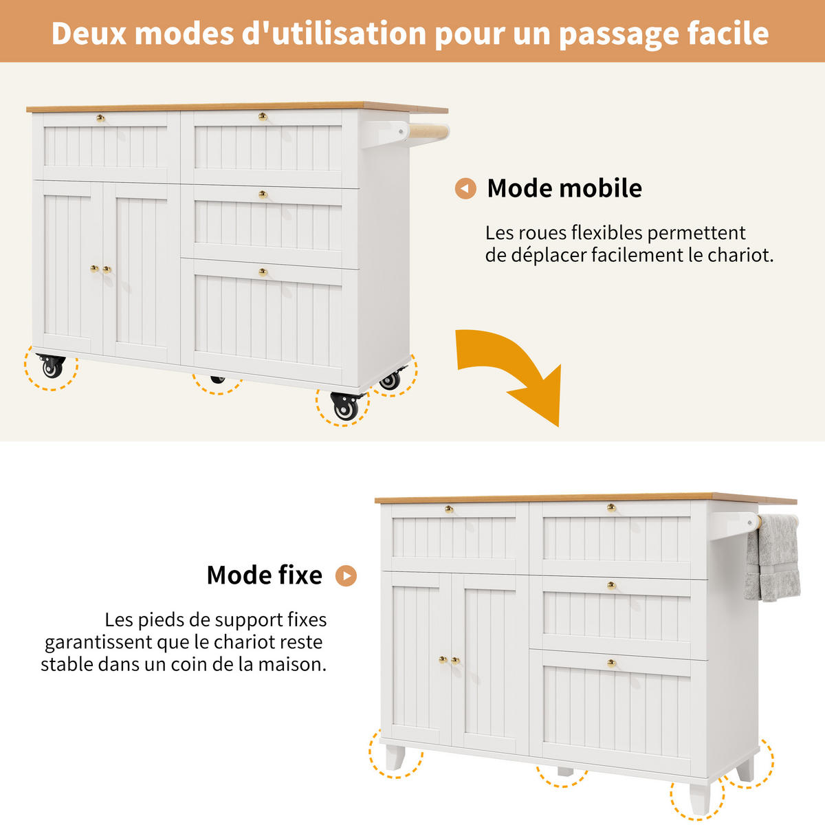 KÜCHENINSEL MULTIFUNKTIONALER SERVIERWAGEN auf Rollen, MDF Metall, Weiß-Holzmaserung, 133/70/88 cm - Weiß, Kunststoff (45.47/23.5/89cm) - Rolipo